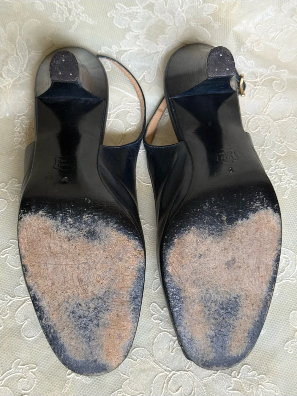 Bruno Magli Navy Blue Leather Slingback Peep-Toe Heels